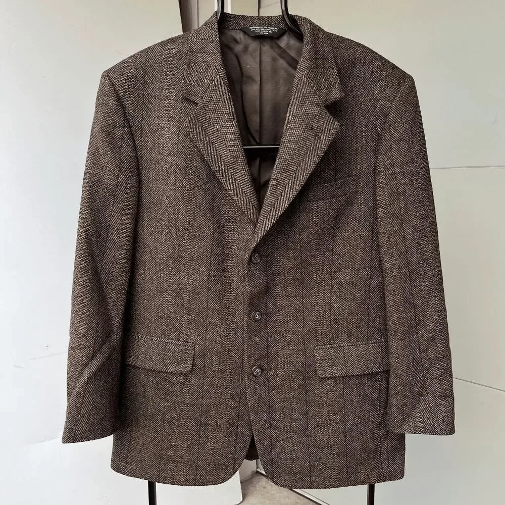 Vintage 80s/90s John Alexander Brown Wool Herringbone Tweed Blazer Jacket - 40